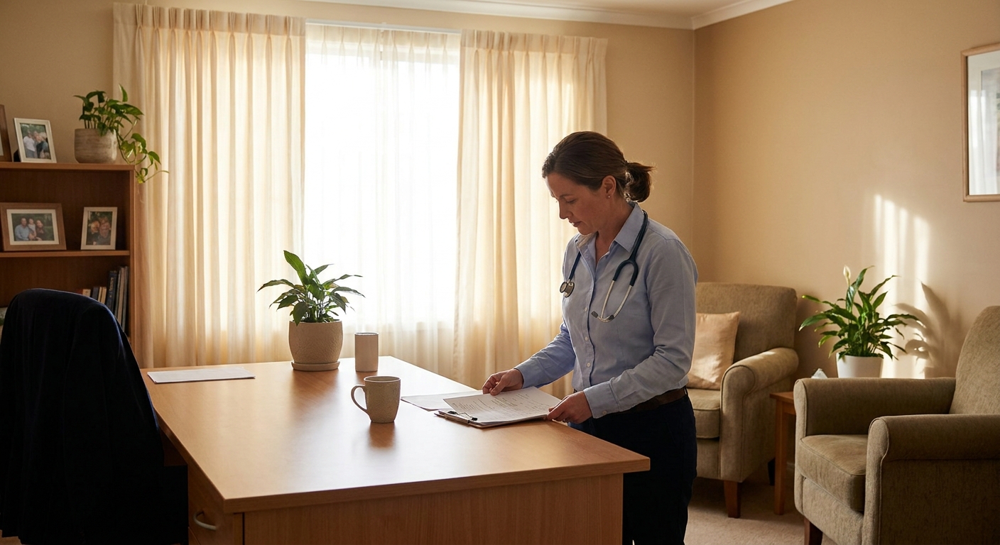 Medical professional reviewing patient charts in a warmly lit consultation room at an addiction treatment facility in Palm Springs, Florida