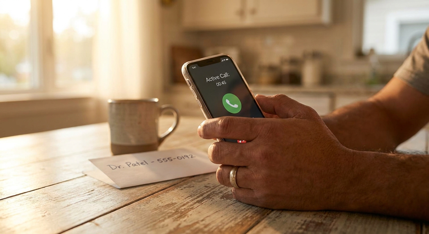 Parent's hand holding phone during important morning call at kitchen table with natural light