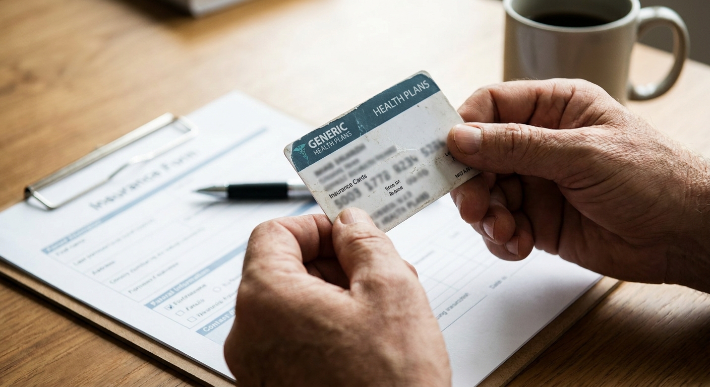 Person holding health insurance card at admissions desk with treatment intake forms, representing the insurance verification process for rehab and detox coverage in Florida