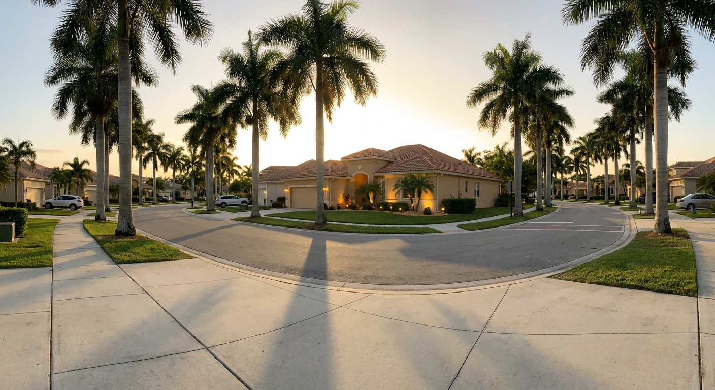 Peaceful residential street in Palm Springs, Florida with palm trees and well-maintained homes at sunset