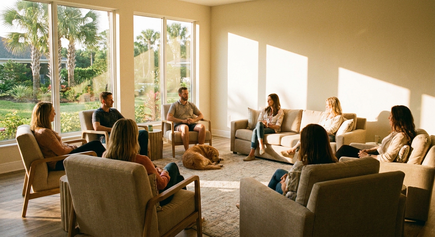 Bright therapy room with circle of chairs and palm trees visible through windows at Florida treatment center