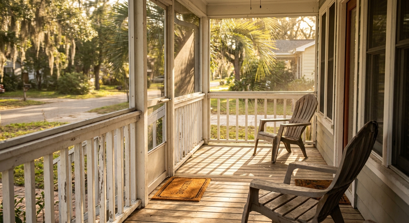 Welcoming front porch of a sober living home in Palm Springs, Florida with morning sunlight and palm tree shadows